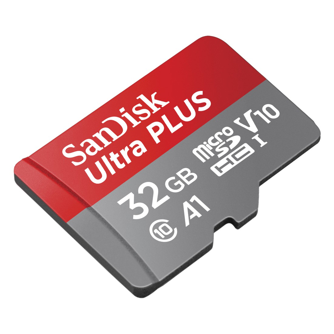 Rote und graue SD-Karte. Es steht SanDisk Ultra Plus und 32 GB drauf.