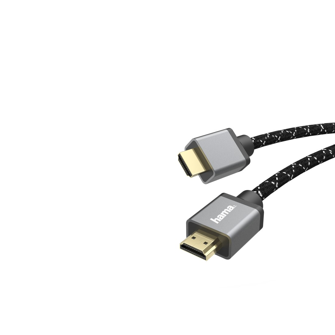 Ein graues und schwarzes HDMI-Kabel mit zwei Anschlüssen an jedem Ende. Die Marke 'hama' ist sichtbar.