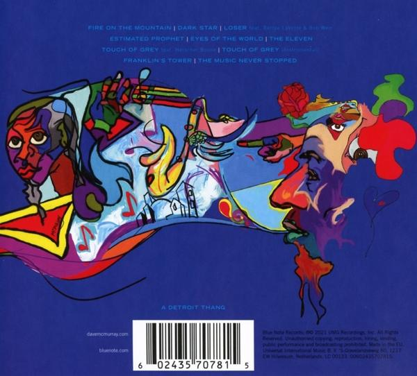 Albumcover mit abstrakter Kunst. Gesichter und Noten in lebendigen Farben auf blauem Hintergrund.