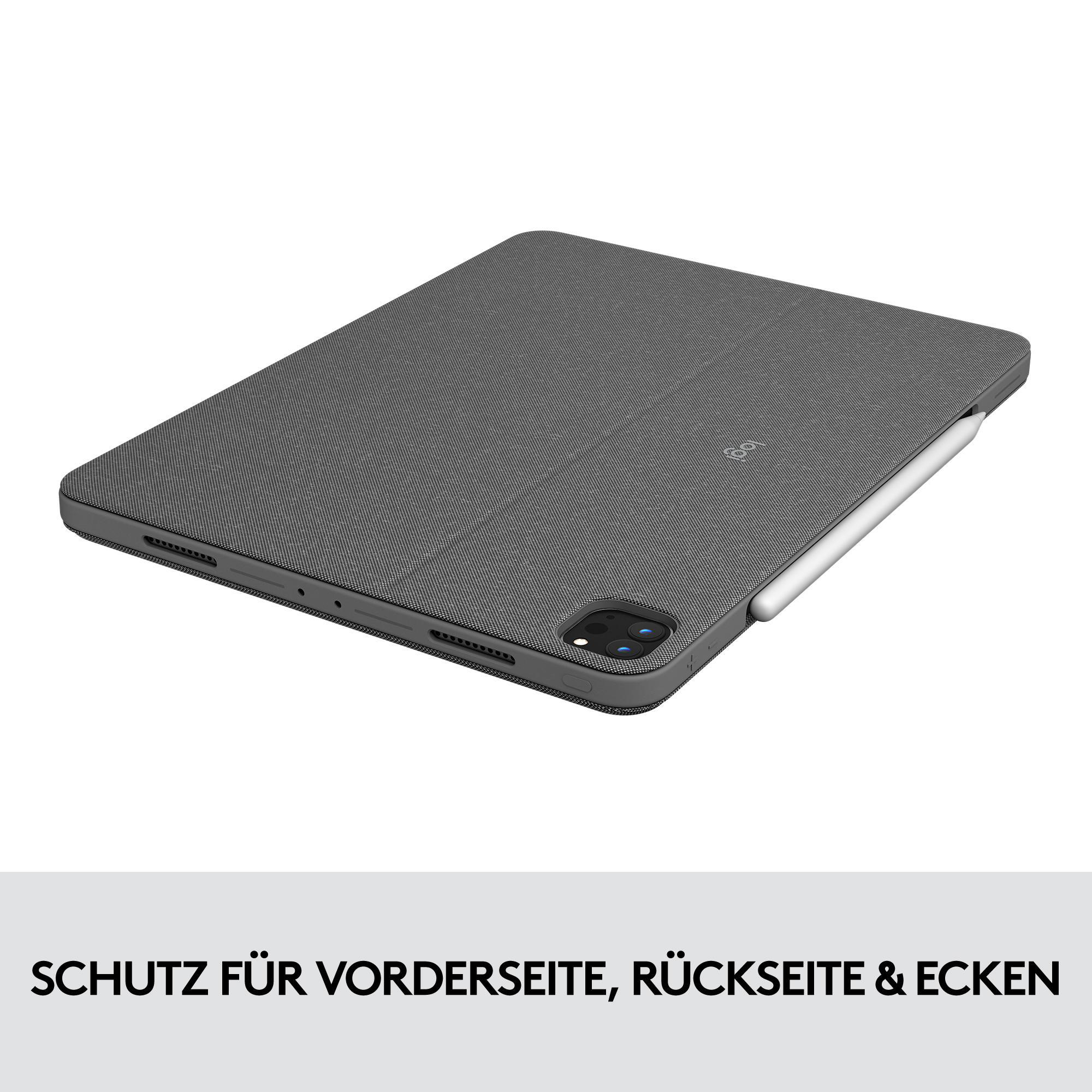 Tablet-Hülle. Eine graue Hülle mit einem Stift, auf einer weißen Oberfläche.