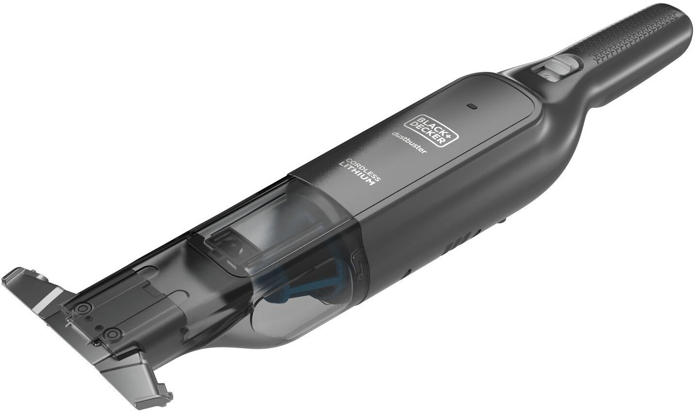 Black and gray Black+Decker cordless lithium dustbuster vacuum cleaner.