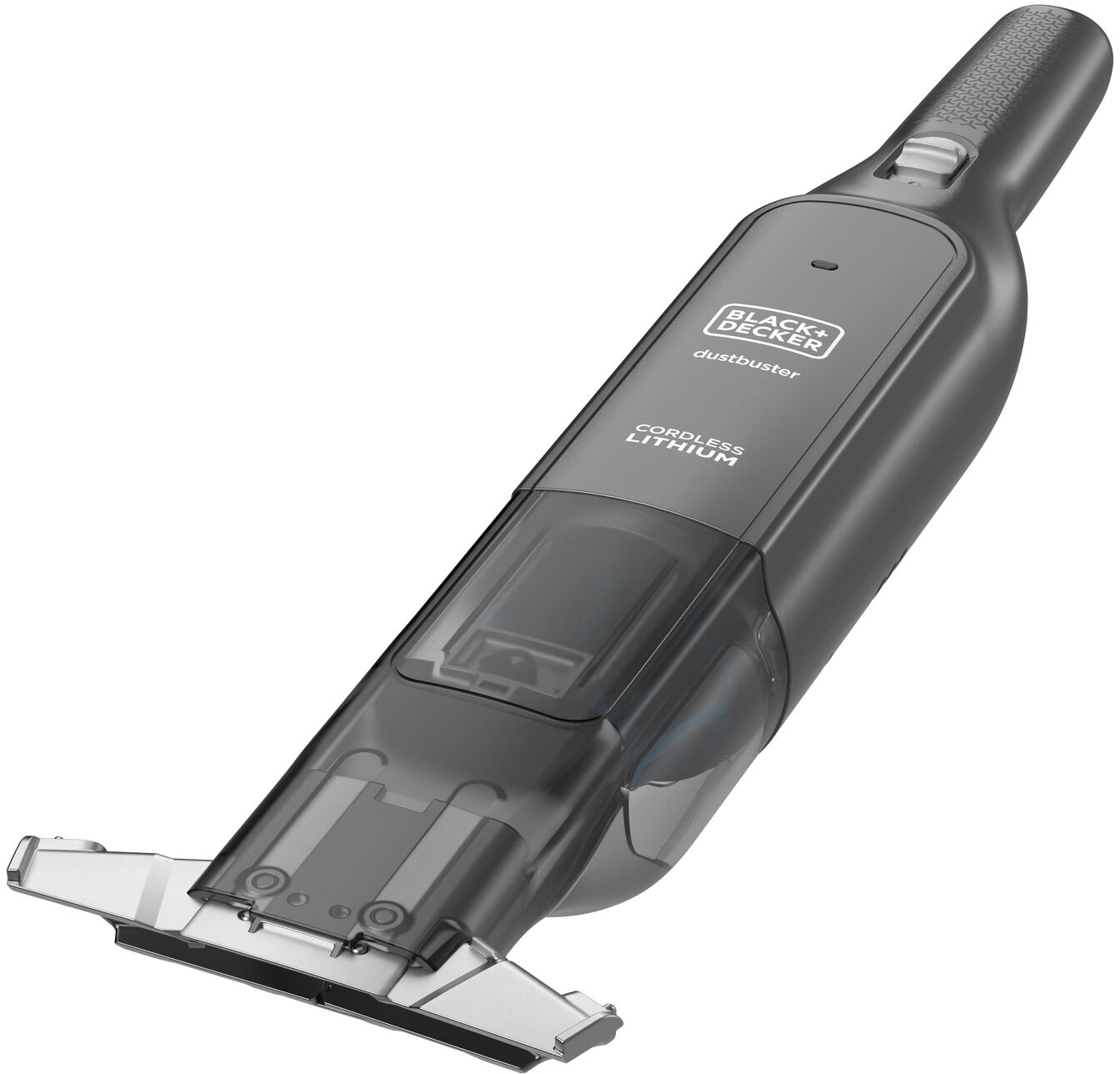A black and gray handheld vacuum cleaner on a white background.