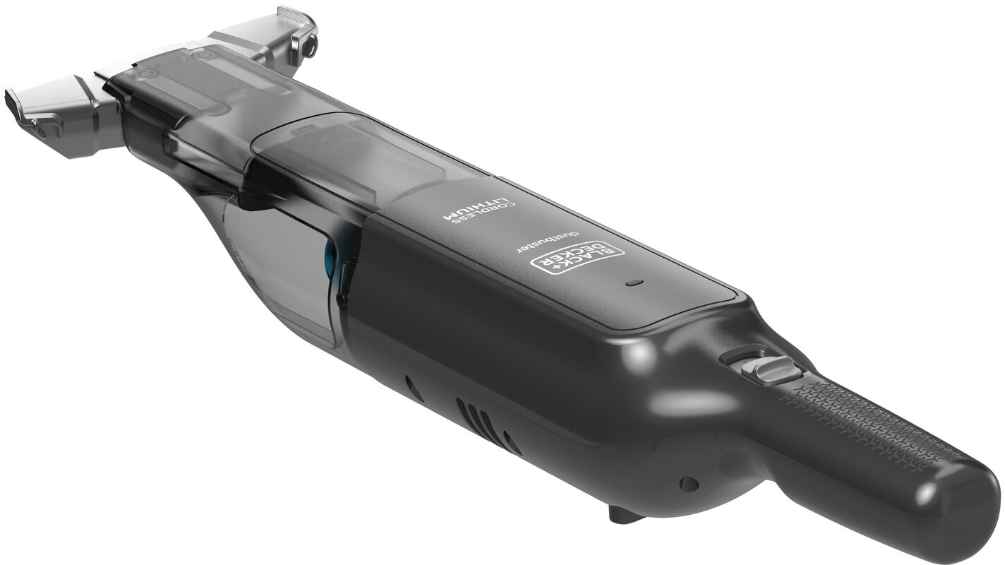 Black and gray handheld vacuum cleaner on a white background.