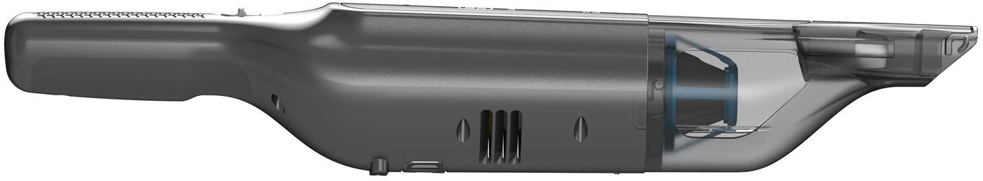 A gray hand vacuum cleaner with a transparent section.