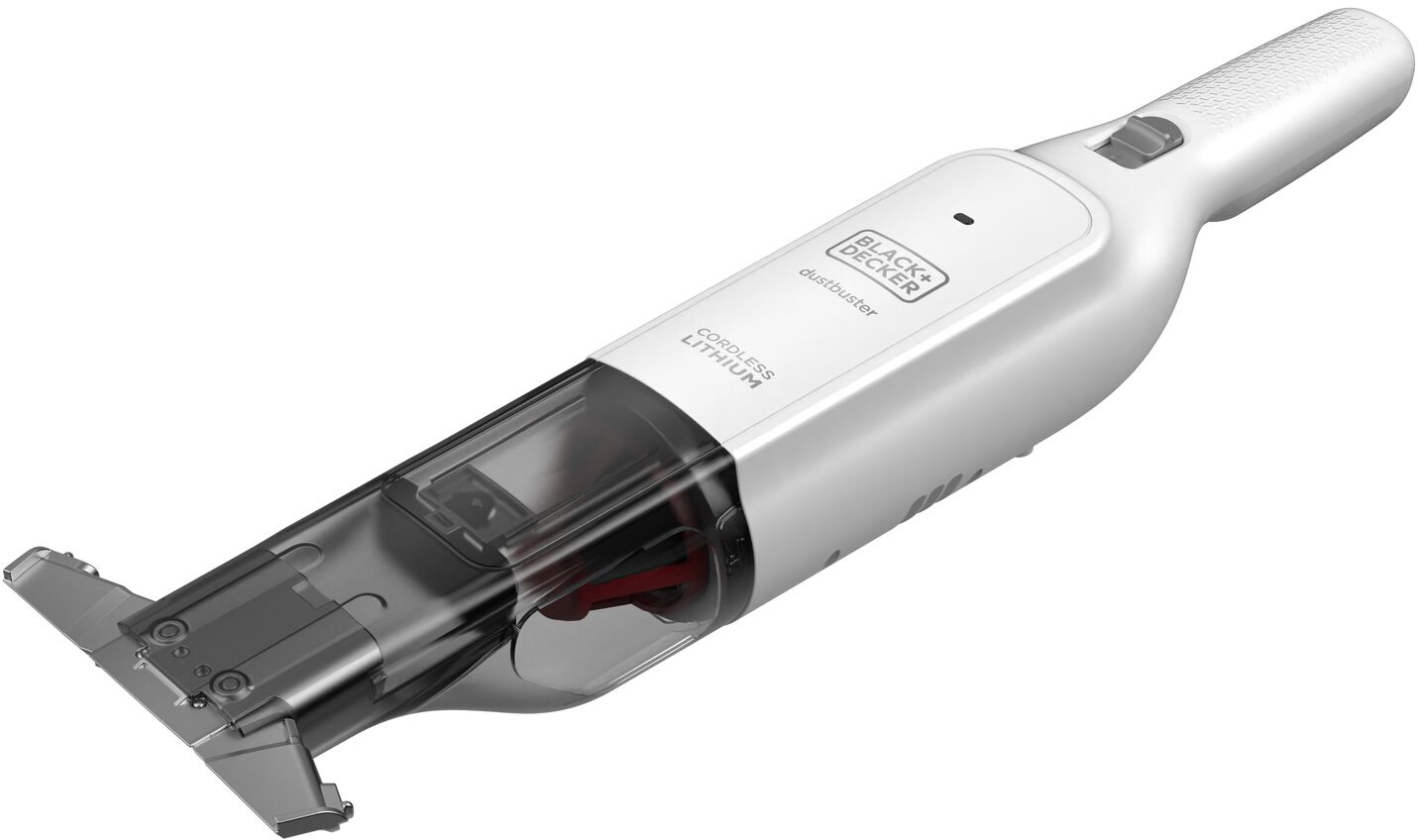 White and gray handheld vacuum cleaner on a white background.