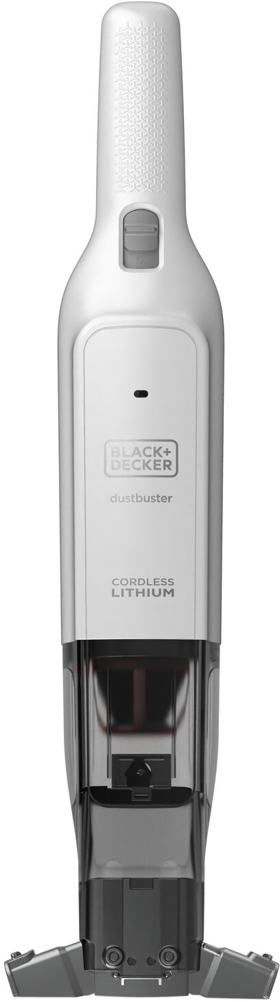 A white and gray cordless hand vacuum. It has a black dustbuster logo and a gray trigger.