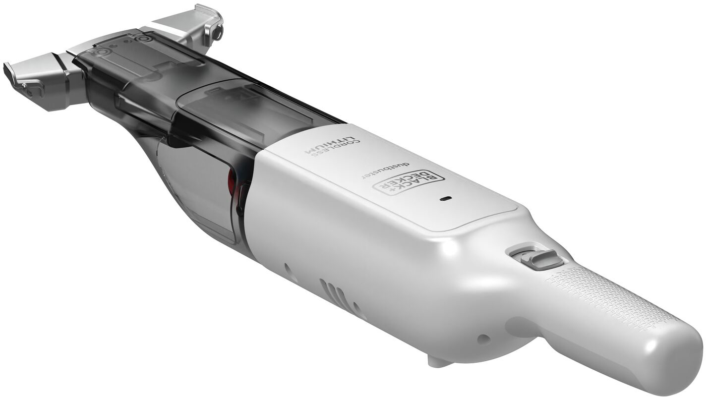 White handheld vacuum cleaner. Black details. White background.