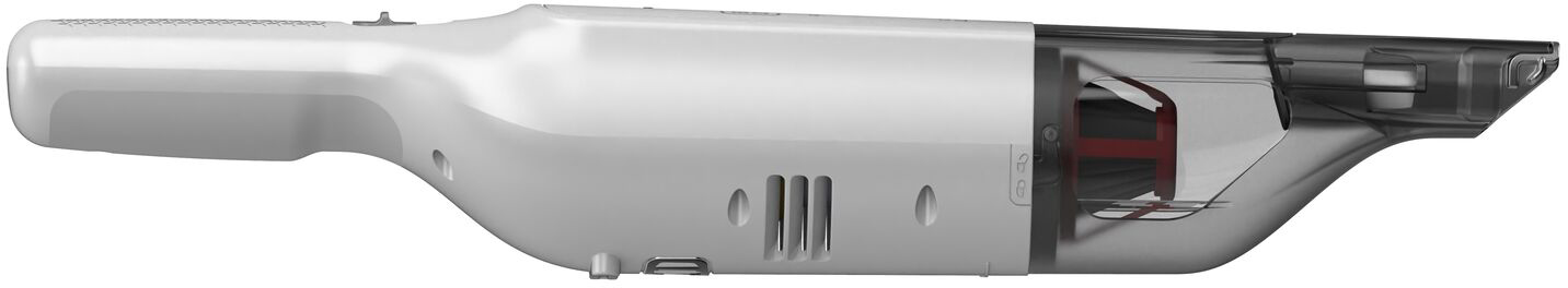 A white handheld vacuum cleaner with a transparent dustbin, showing the internal components.
