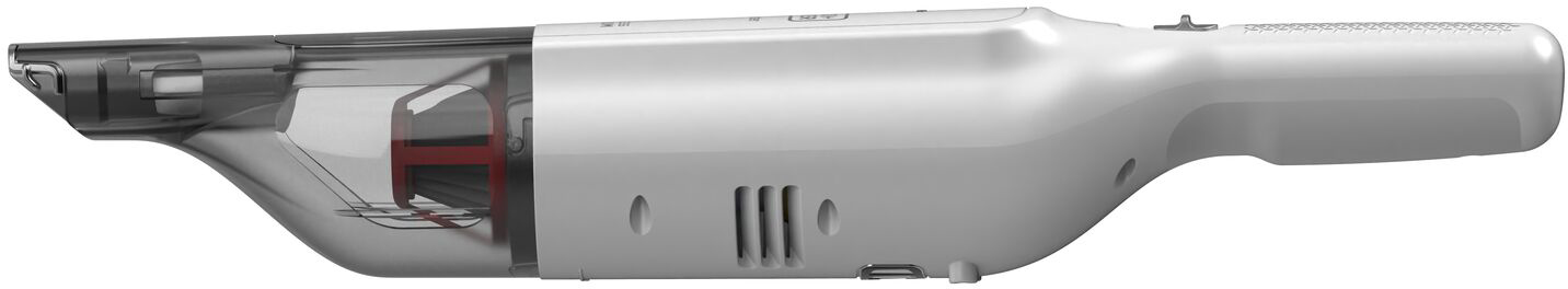 A white handheld vacuum cleaner with a transparent dustbin, showing the internal components.