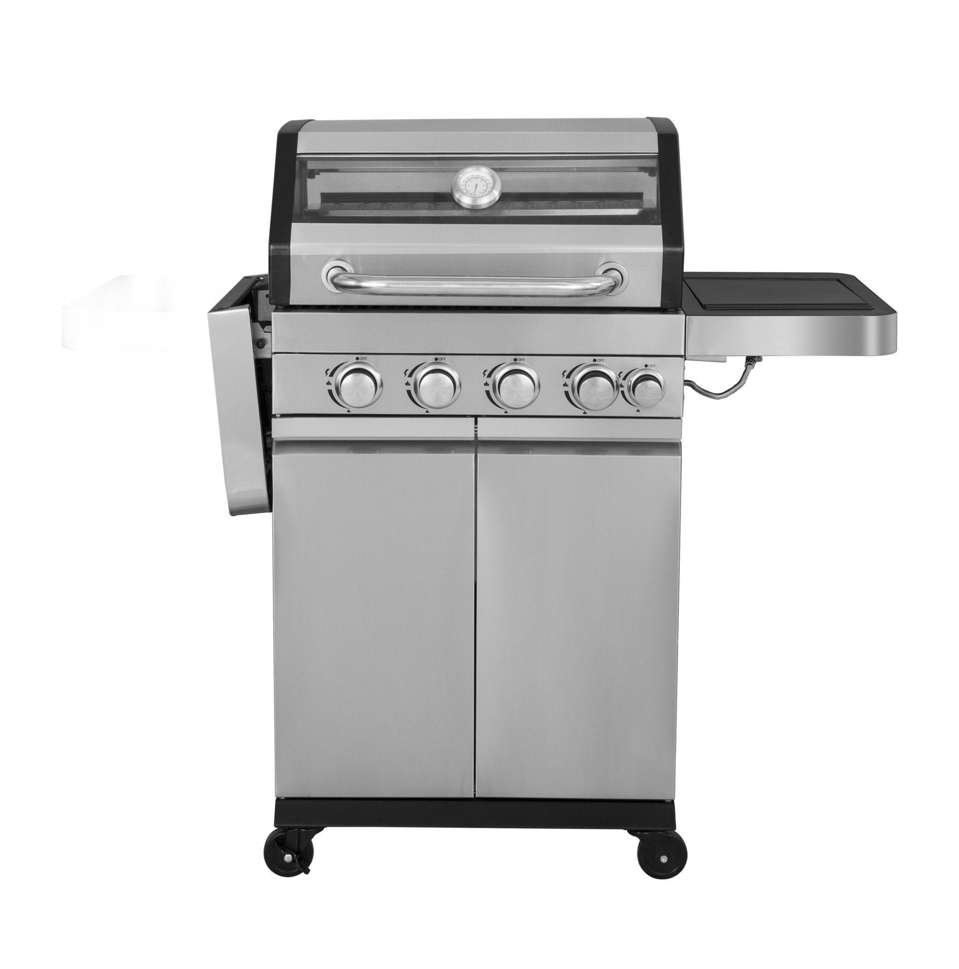 Gasgrill aus Edelstahl mit schwarzer Oberseite, Seitenablage und vier Bedienknöpfen.