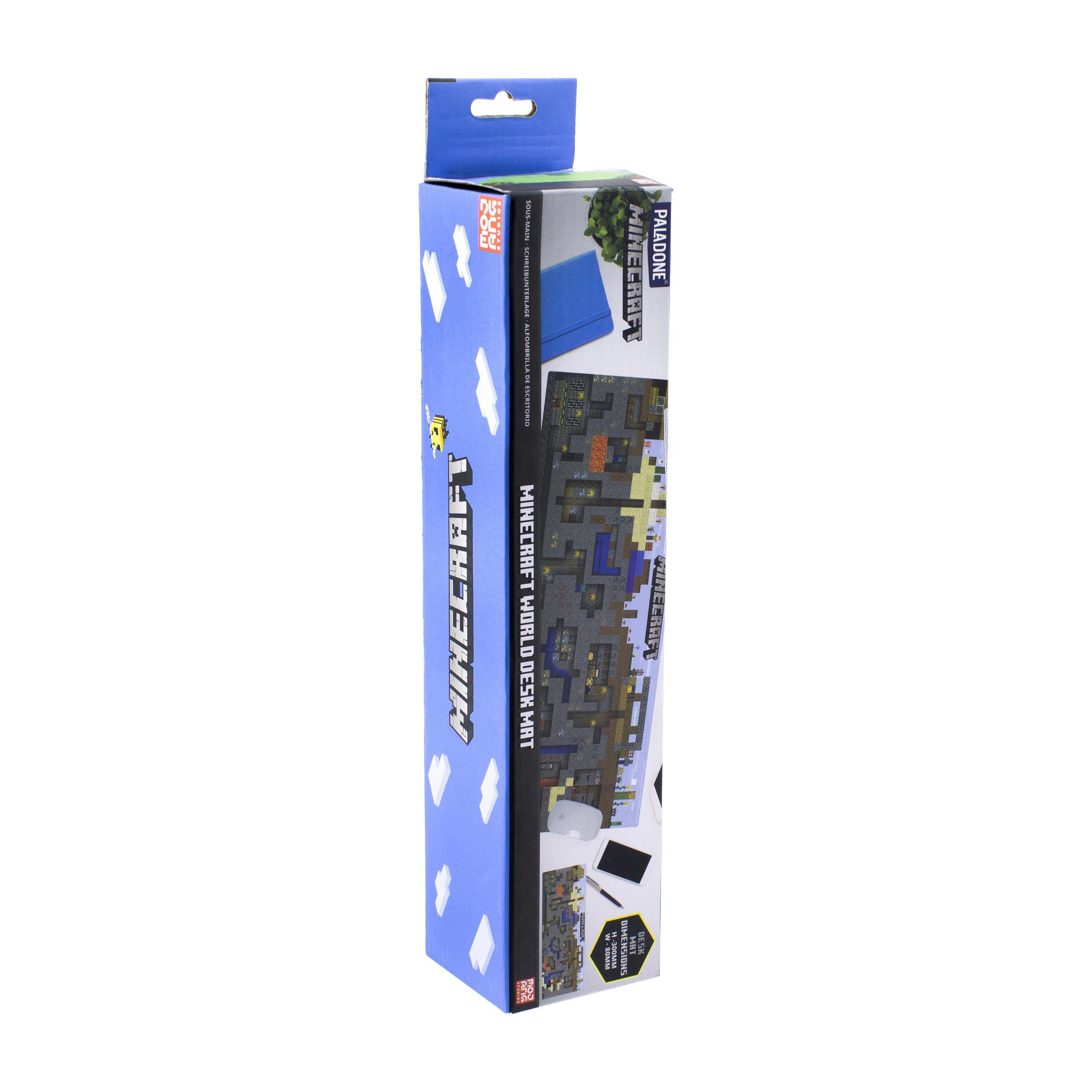 Minecraft-Schreibtischunterlage in ihrer Verpackung, blau-weiße Box, hoch und schmal.