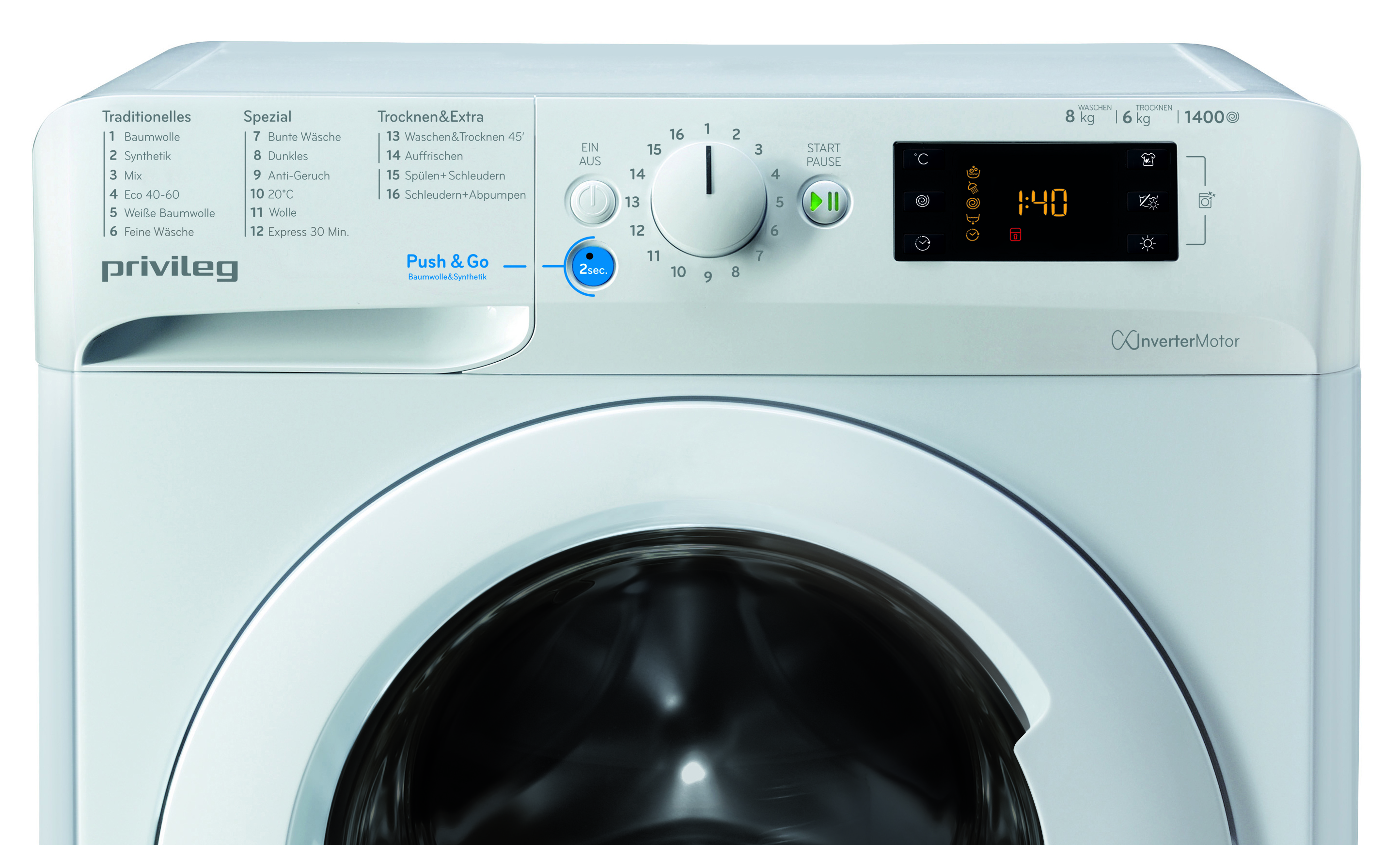 Weiße Waschmaschine mit Bedienfeld, das Einstellungen und Digitalanzeige zeigt.
