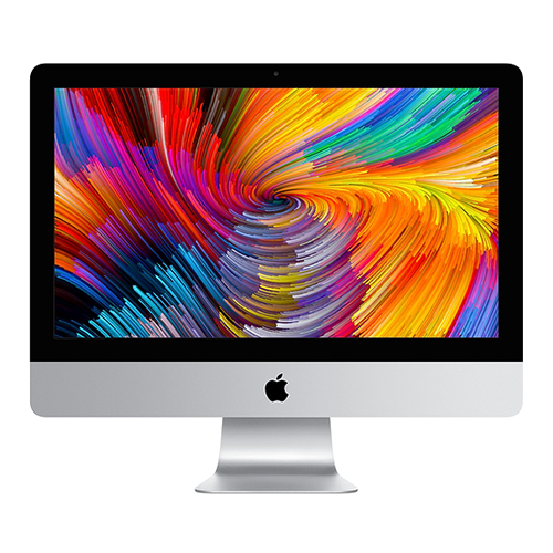 Un ordenador iMac plateado con un fondo de remolinos vibrante y colorido en su pantalla.