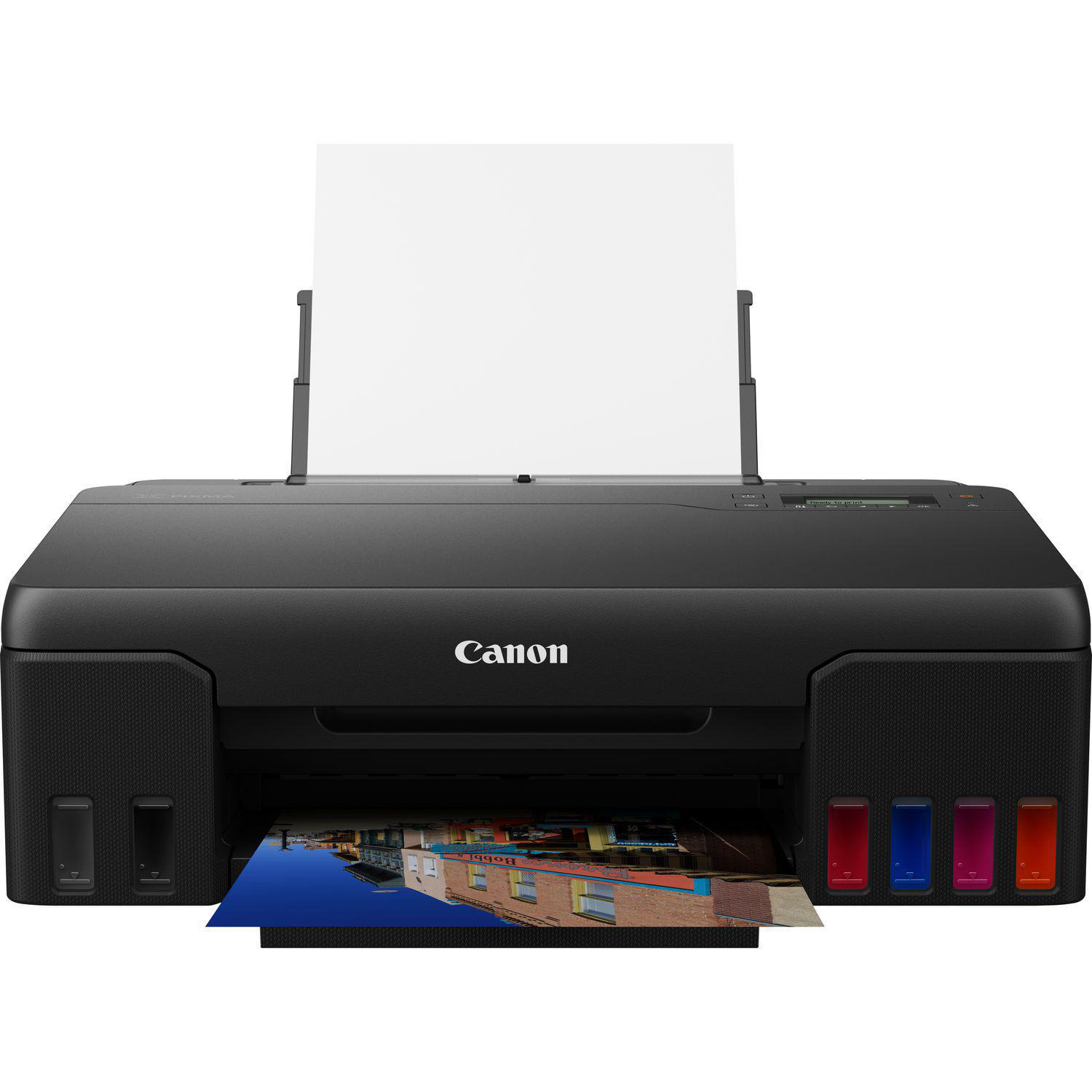 Ein schwarzer Canon-Drucker mit Papier und einem gedruckten Bild.