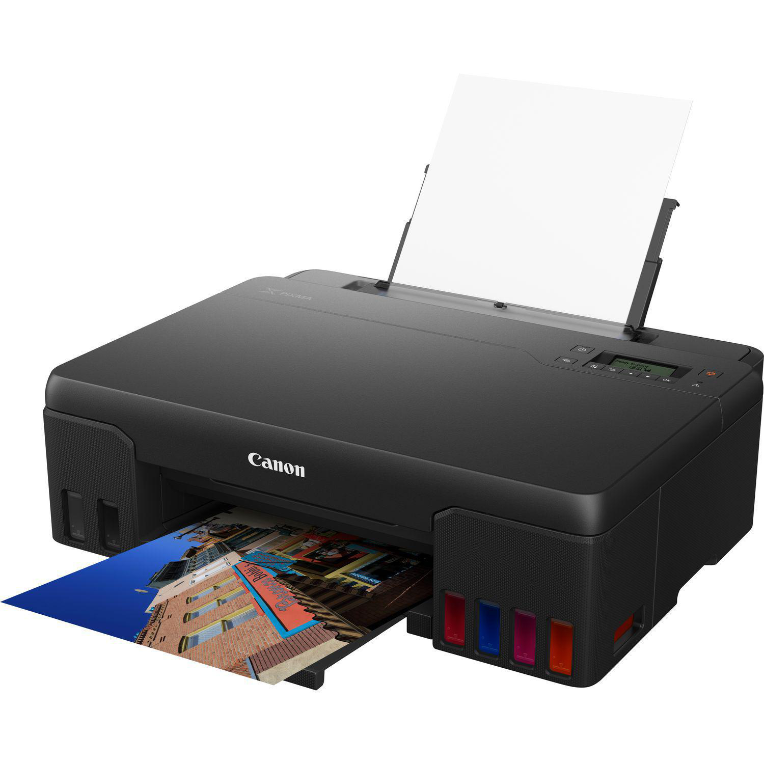 Schwarzer Canon-Drucker, der ein Farbbild druckt, mit sichtbaren Tintenpatronen.