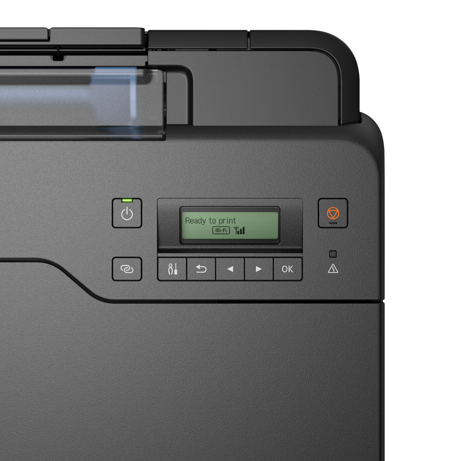 Nahaufnahme eines schwarzen Druckers mit einem Display, das 'Ready to print' anzeigt.