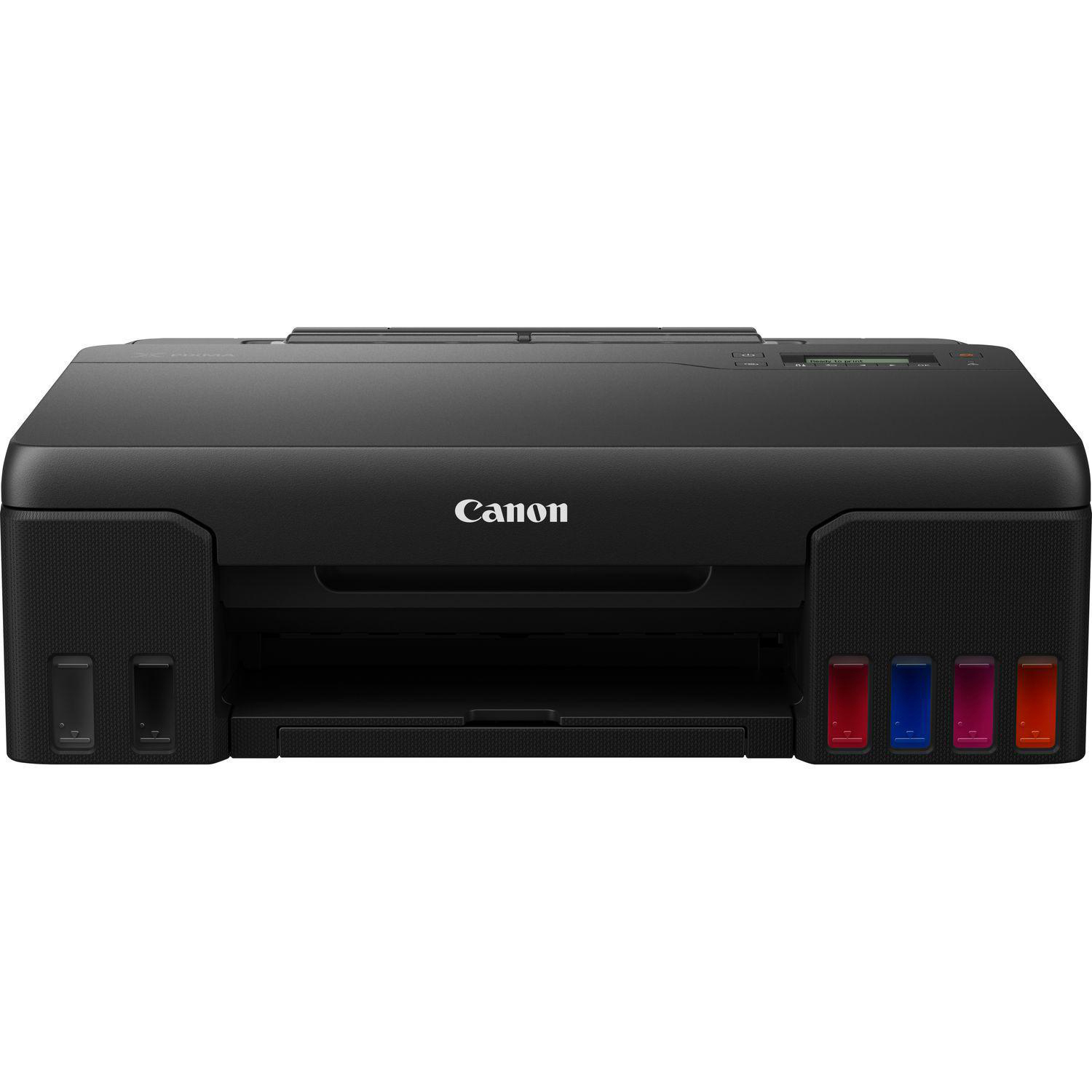 Ein schwarzer Canon-Drucker, Vorderansicht, mit Tintenbehältern rechts.