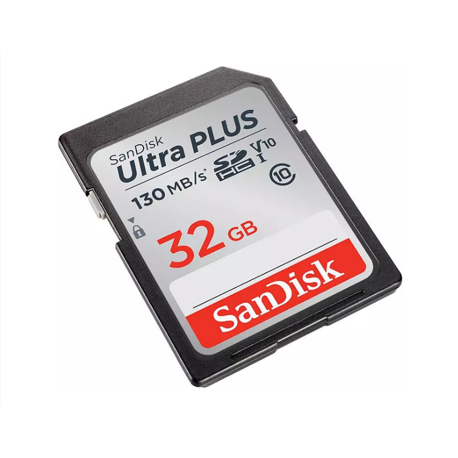 Una tarjeta SD SanDisk Ultra Plus con una etiqueta blanca que muestra las especificaciones.