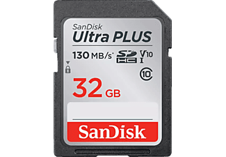 Tarjeta SDHC - SanDisk Ultra Plus, 32 GB, 130 MB/s, UHS-I, V10, Clase 10, Resistente al Agua, Multicolor