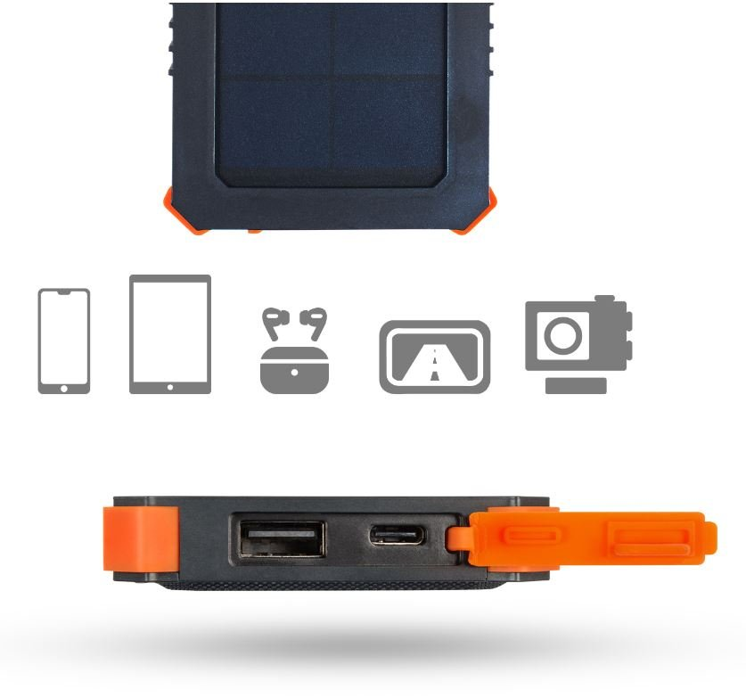 Schwarze und orangefarbene tragbare Powerbank.