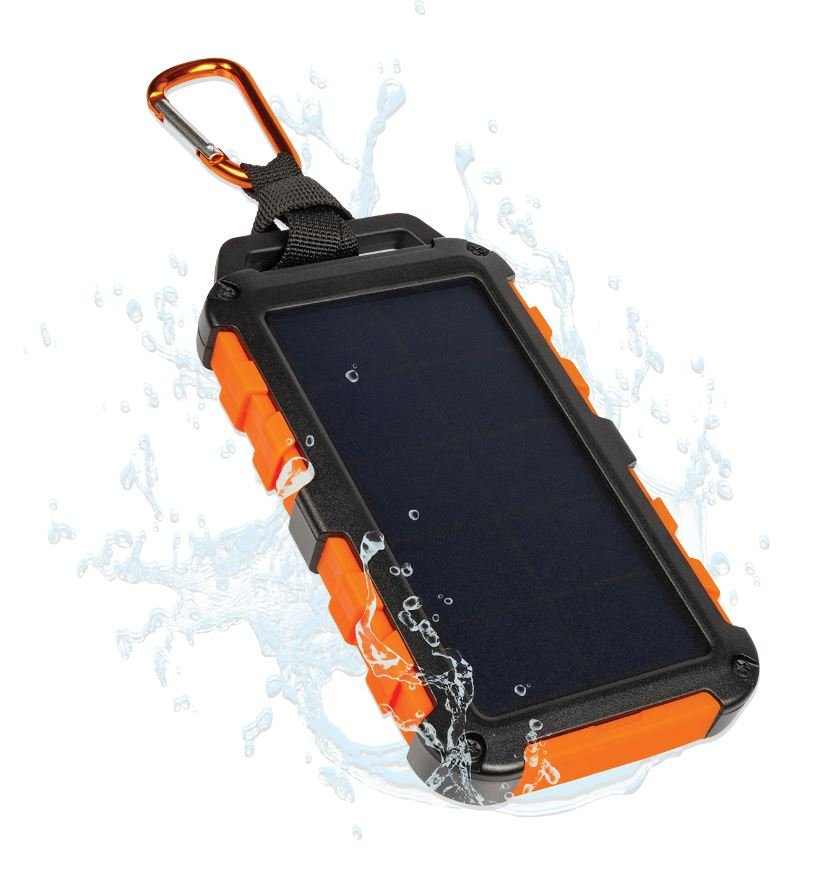Ein wasserdichtes Solar-Ladegerät mit schwarzem Panel, orangefarbenen Kanten und Karabiner.