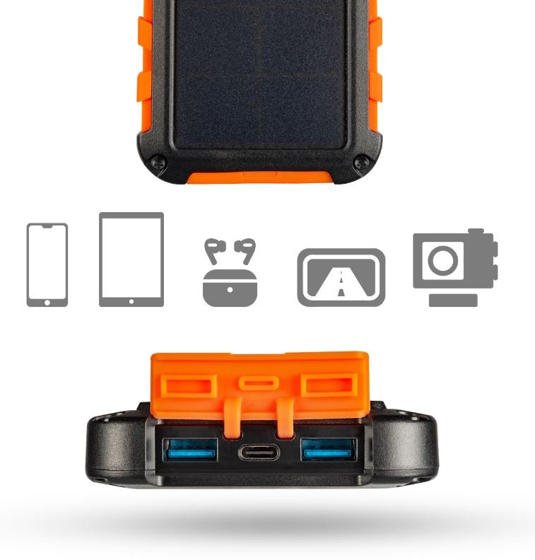 Eine schwarz-orange Powerbank mit Symbolen elektronischer Geräte.