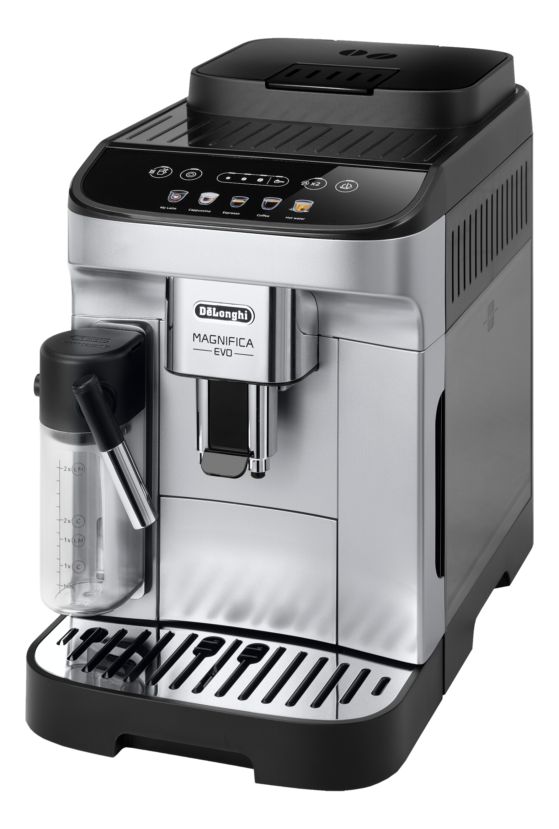 Silberne De'Longhi Magnifica Evo Kaffeemaschine. Sie hat einen schwarzen Deckel und Tank.