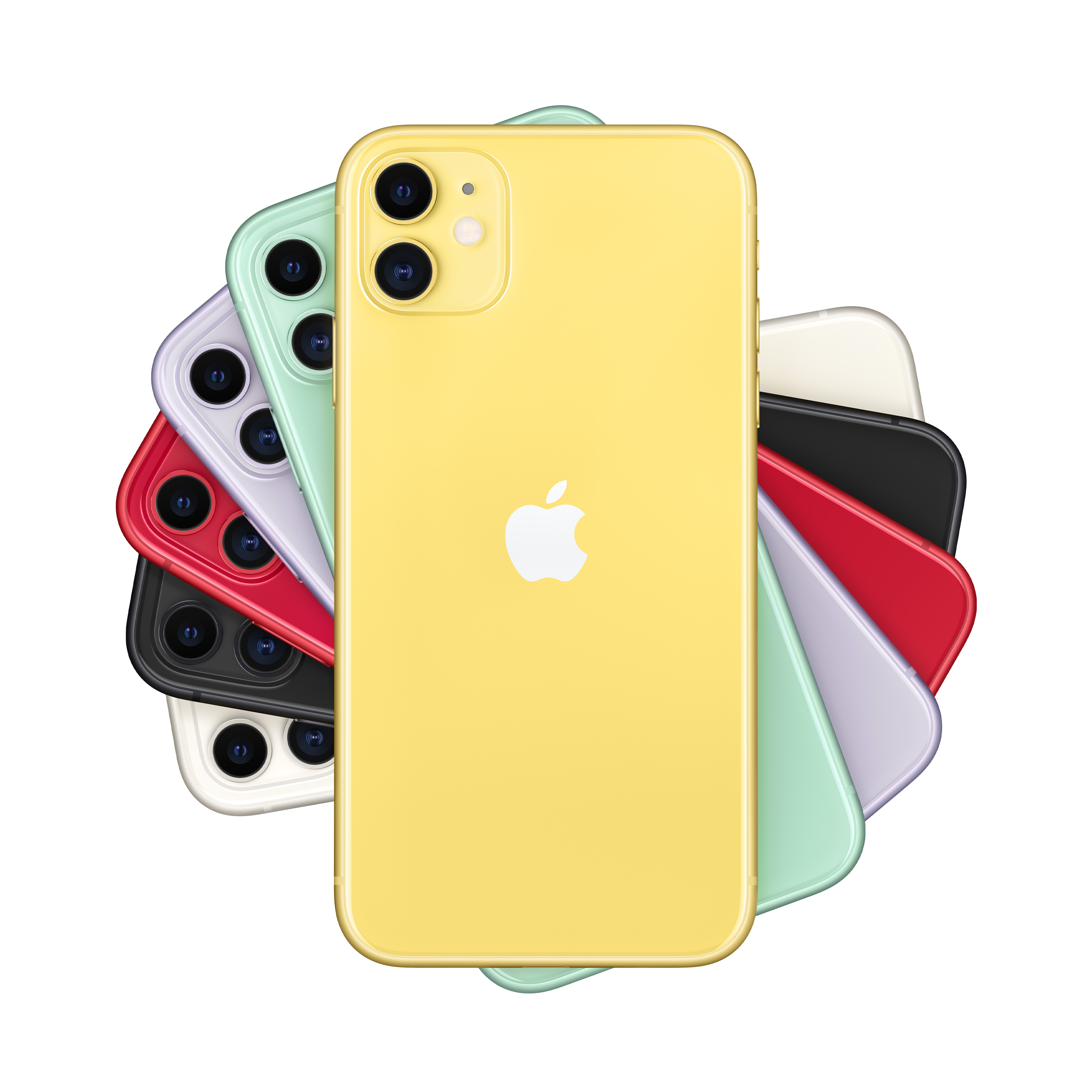 Un grupo de iPhones coloridos en amarillo, rojo, negro, blanco, verde y morado, dispuestos en abanico.