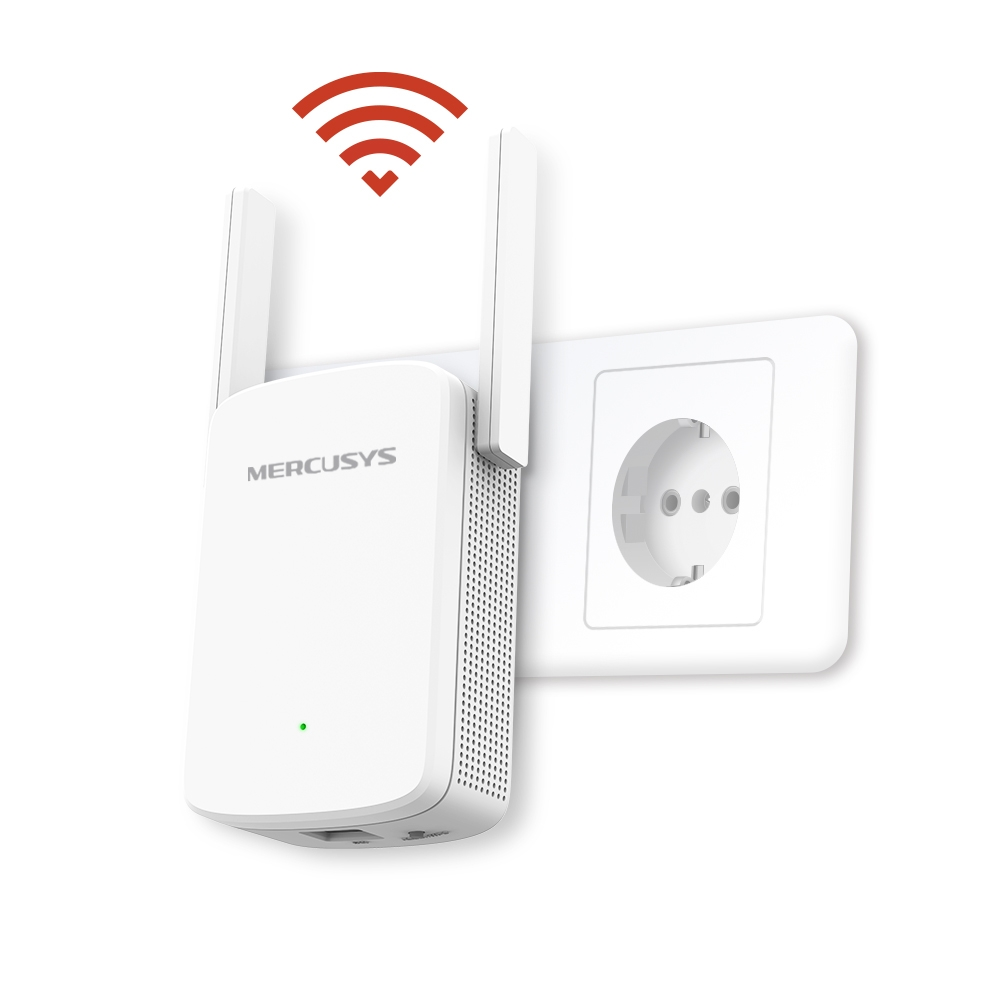 Beyaz Mercusys Wi-Fi menzil genişletici prize takılı. Üstte kırmızı Wi-Fi sinyal simgesi.