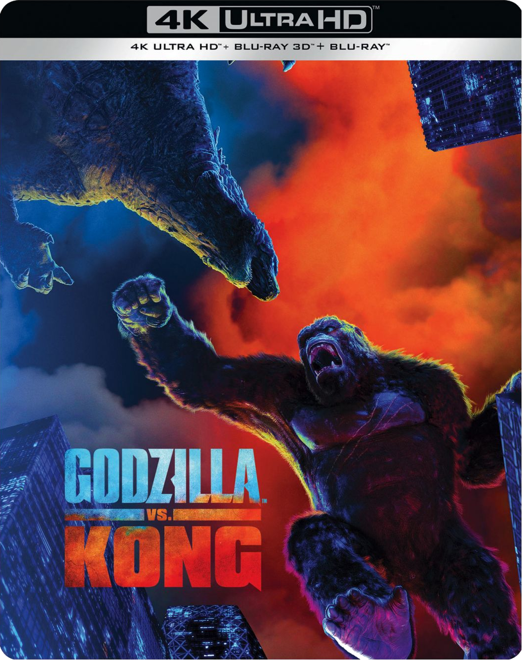 Couverture Blu-ray Godzilla vs. Kong. Kong et Godzilla se battent en ville.