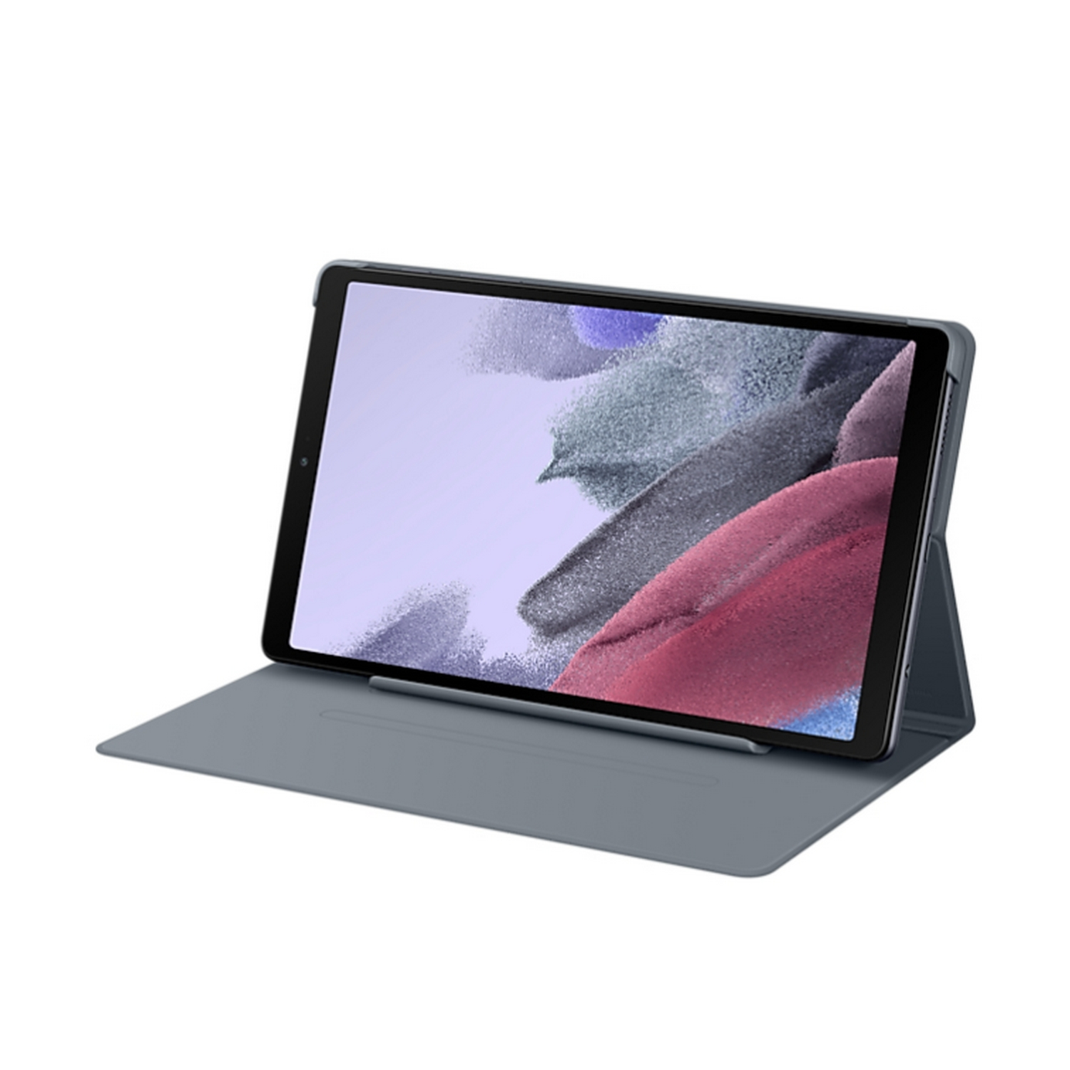 Tableta en una funda gris en posición de soporte, fondo blanco. La pantalla muestra una imagen colorida.