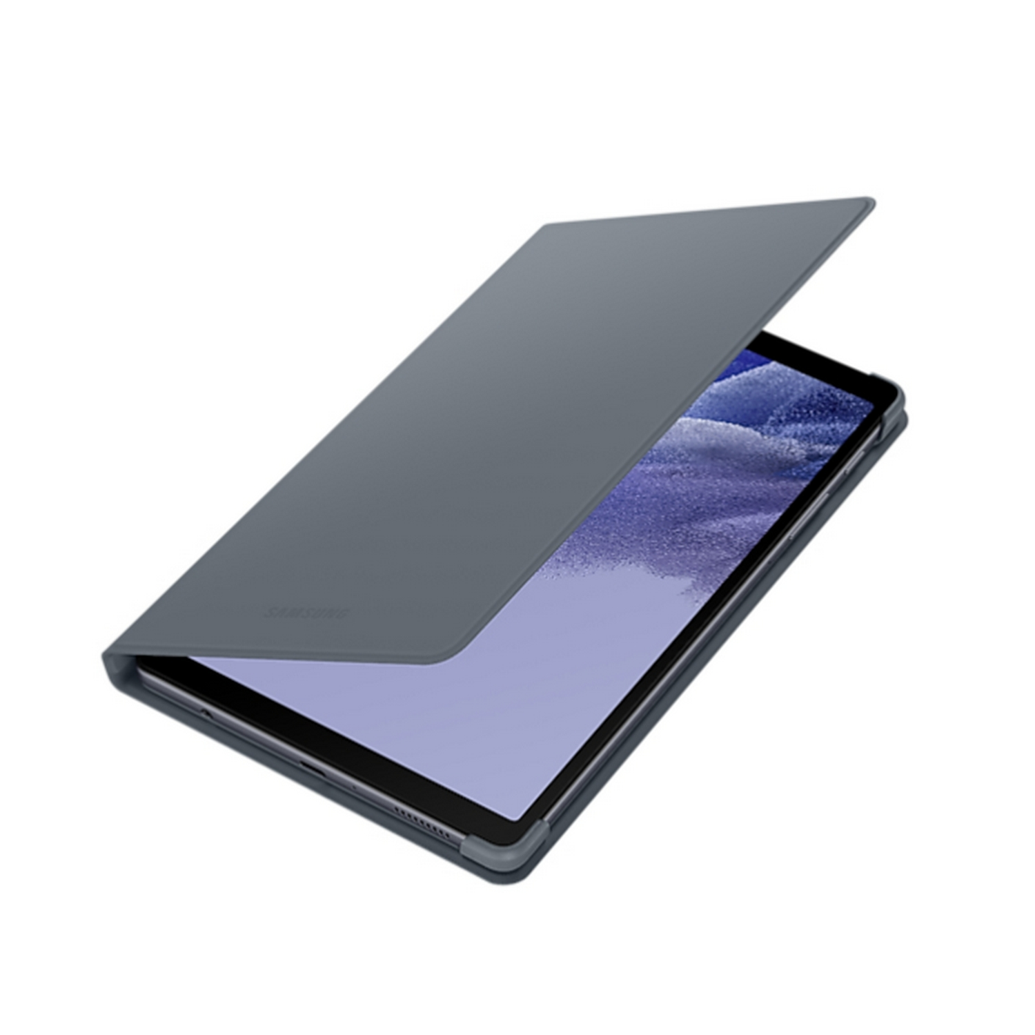Una tableta gris con la funda parcialmente abierta sobre una superficie blanca.