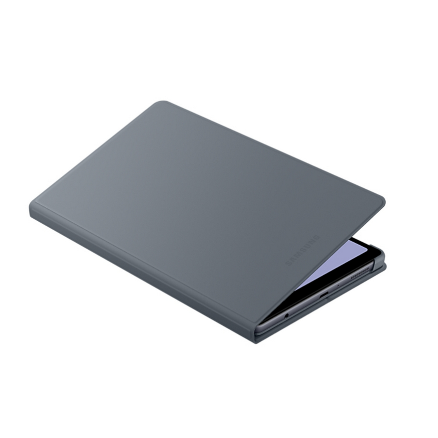 Una funda de tableta gris, ligeramente abierta, revelando la pantalla.