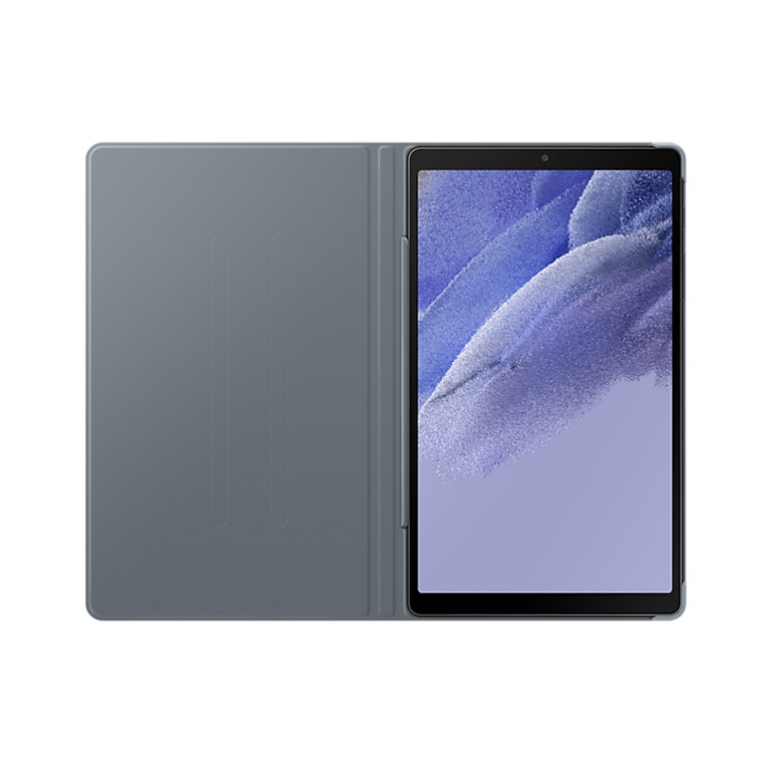 Una tableta con una funda. La tableta es plateada y la funda es gris.