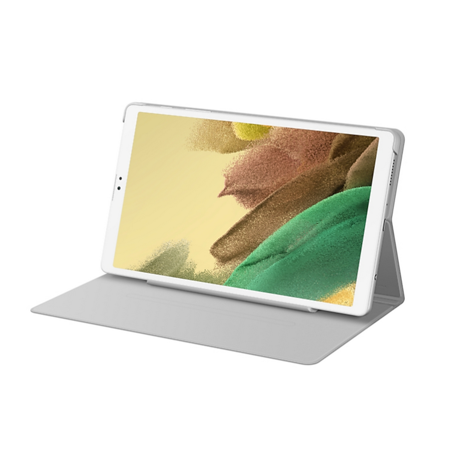 Una tableta gris en una funda gris claro, ligeramente inclinada, con una pantalla blanca.
