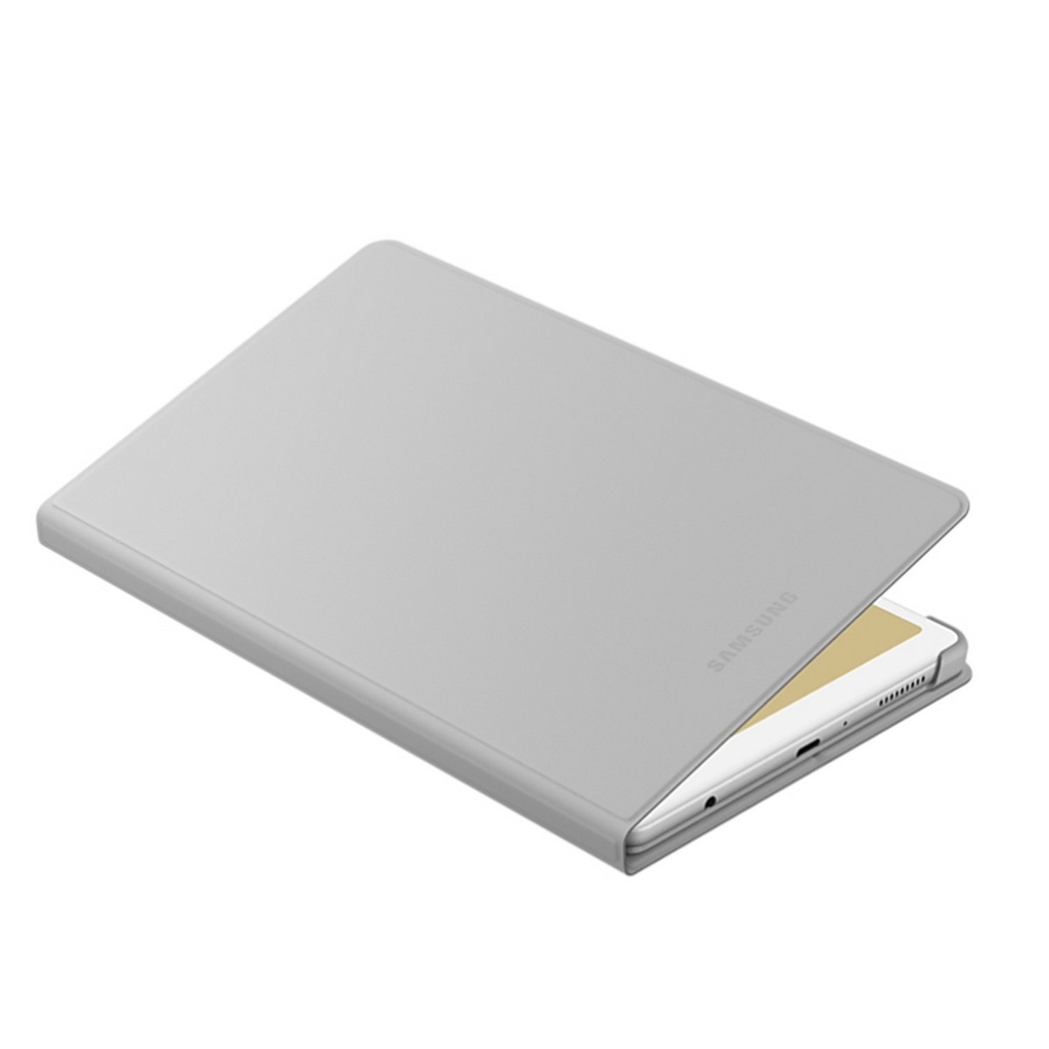 Una funda de tableta gris claro, abierta, que revela una tableta blanca.