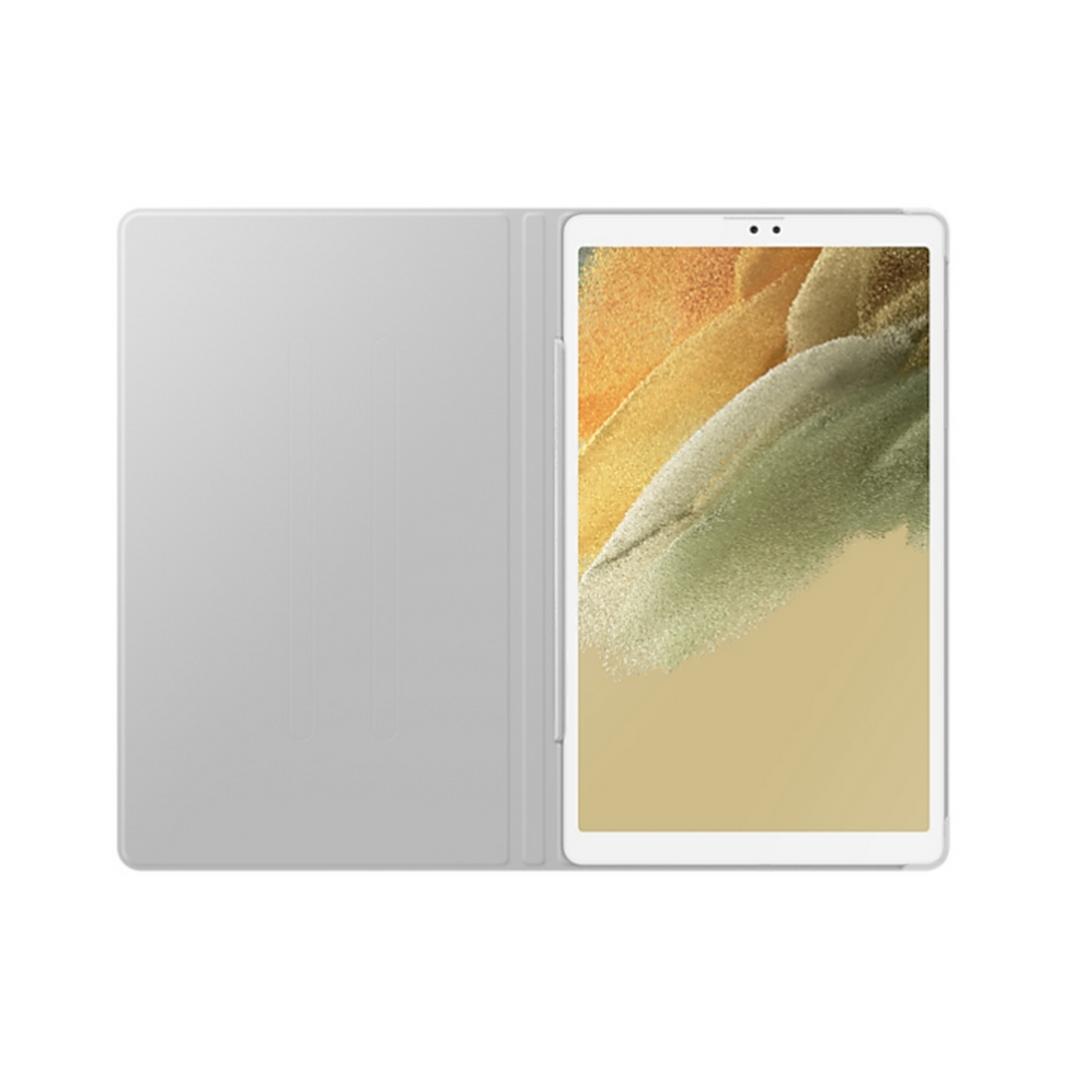 Una tableta gris claro con la cubierta abierta. La pantalla muestra un patrón abstracto colorido.