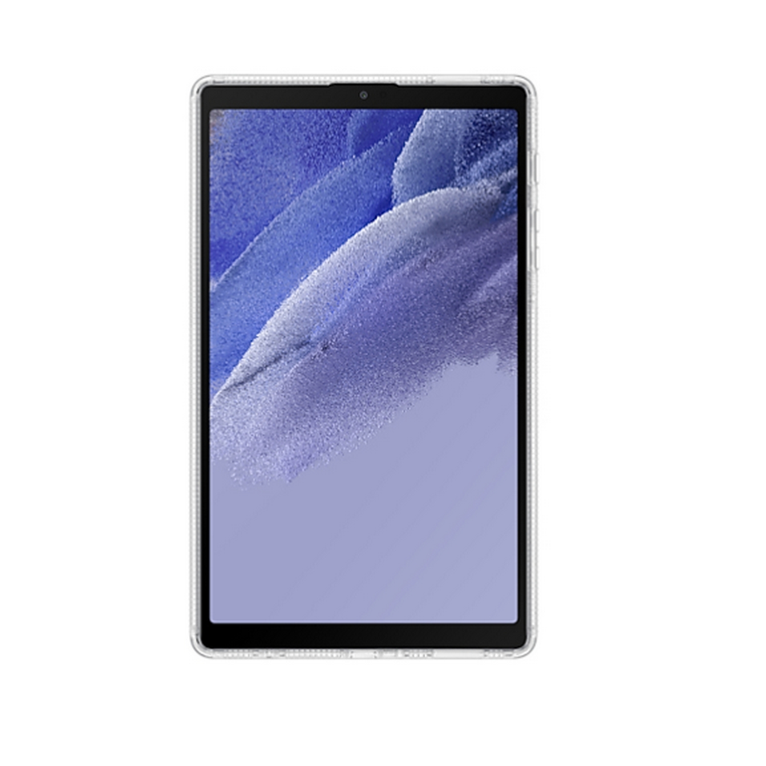 Una tableta blanca con una funda protectora transparente, sobre fondo blanco.