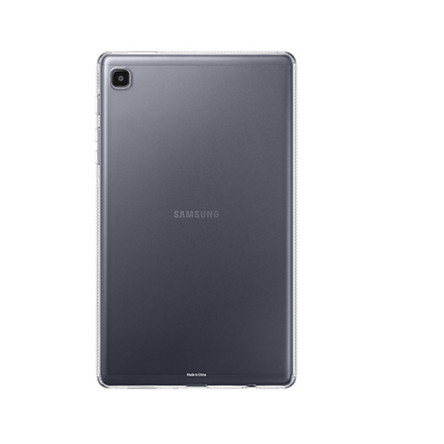 Una tableta gris con una cámara en la parte superior. La parte trasera es gris con la palabra "SAMSUNG".