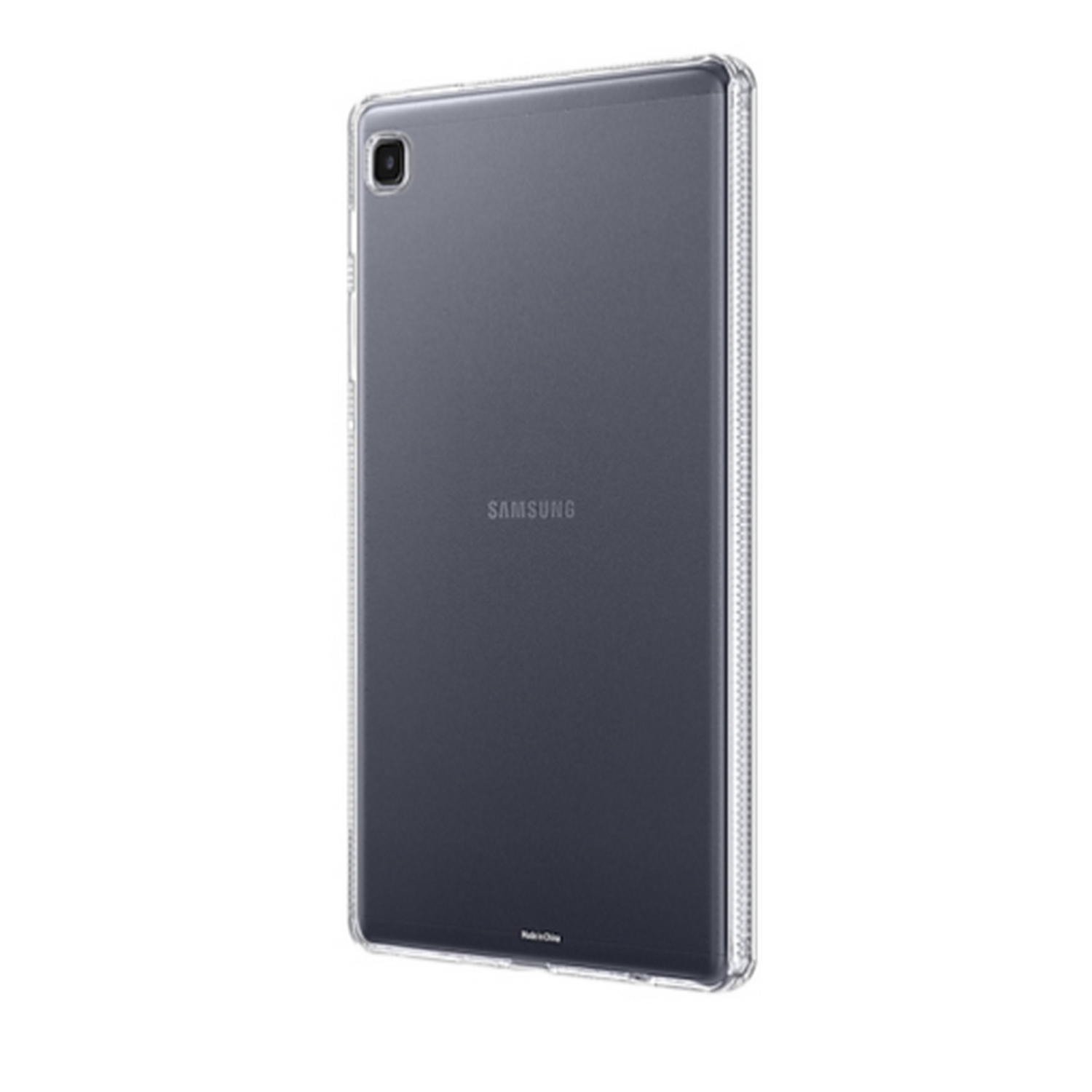 Una tableta Samsung gris en una funda transparente. La tableta tiene una cámara trasera.