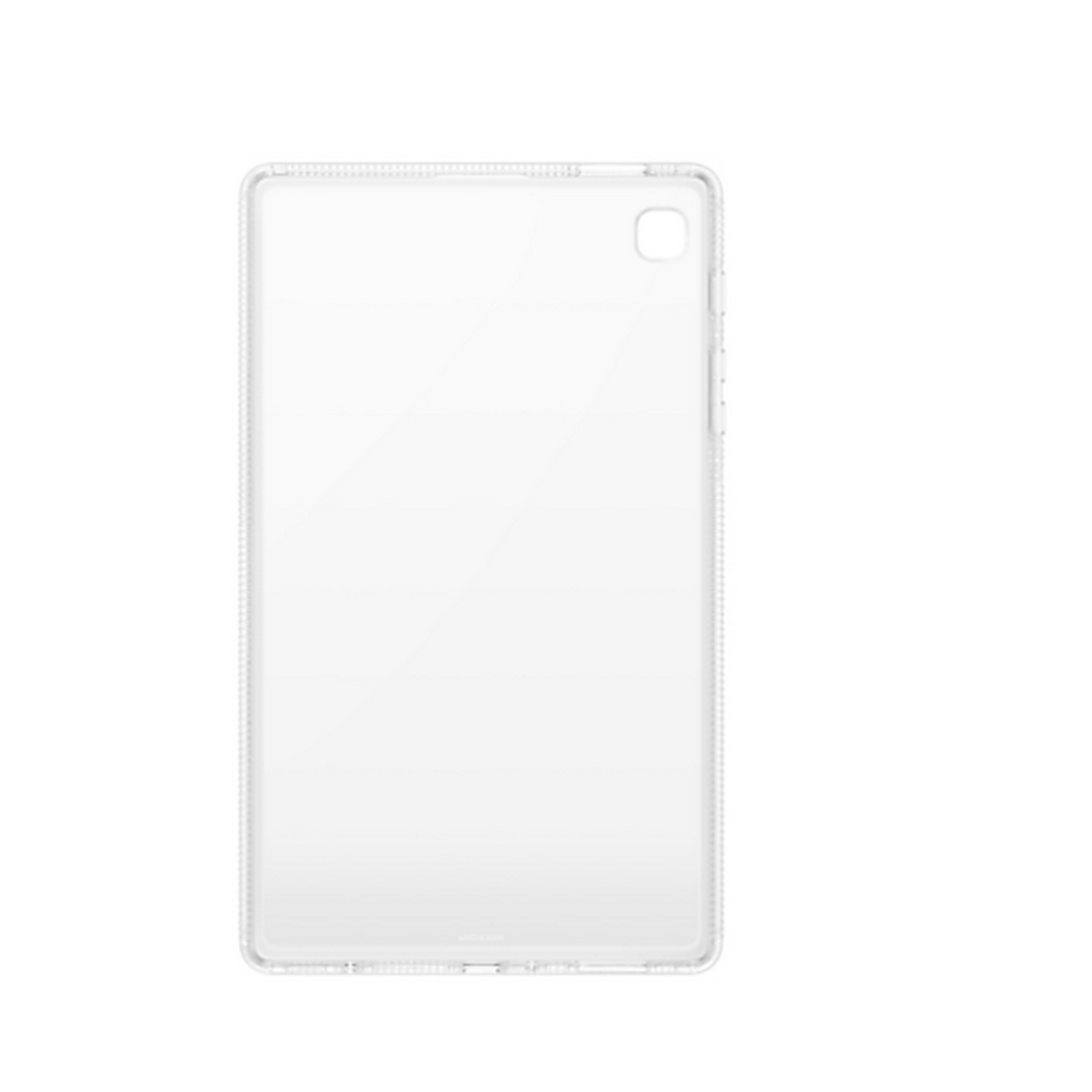 Una funda transparente para tablet. Es transparente y muestra la parte trasera de una tablet. La funda tiene un borde.