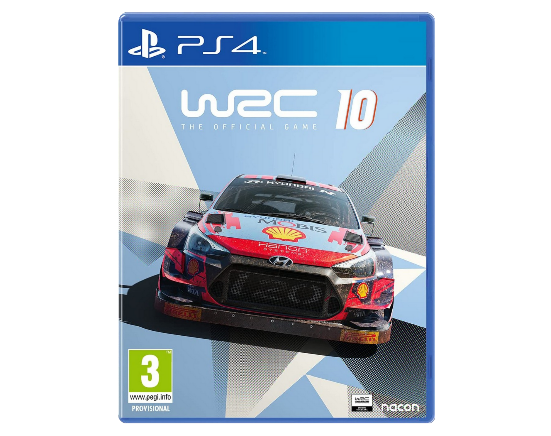 Caja de juego de PS4. La portada muestra un coche de rally y el título 'WRC 10'. El logotipo y la calificación del juego.