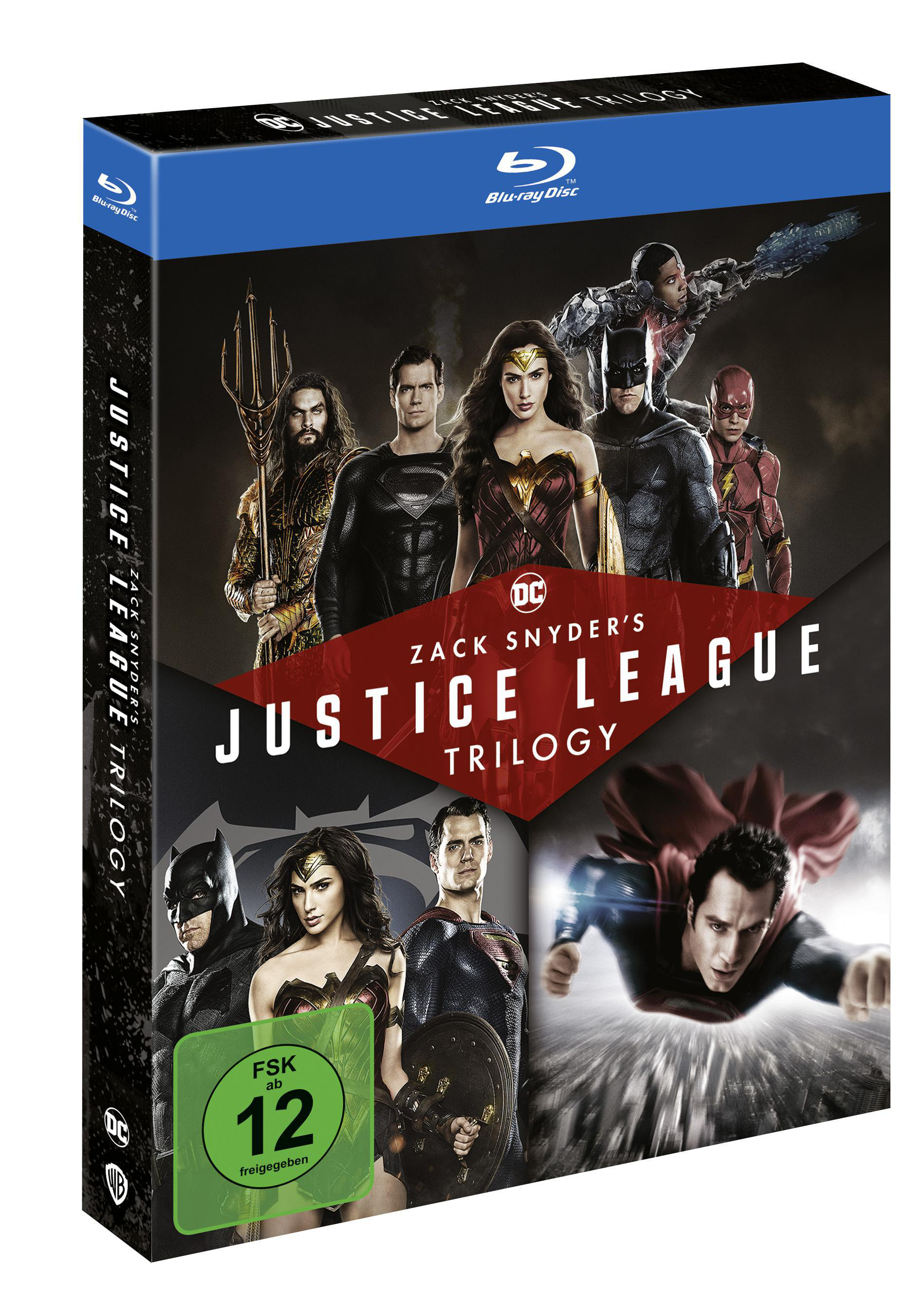 Das Cover von 'Justice League Trilogy' auf Blu-ray mit mehreren Superhelden.