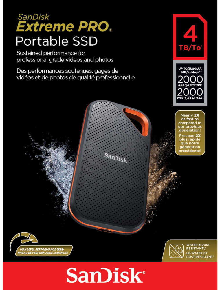 SanDisk Extreme PRO SSD portable. Design noir et orange avec éclaboussures d'eau et effet sable.