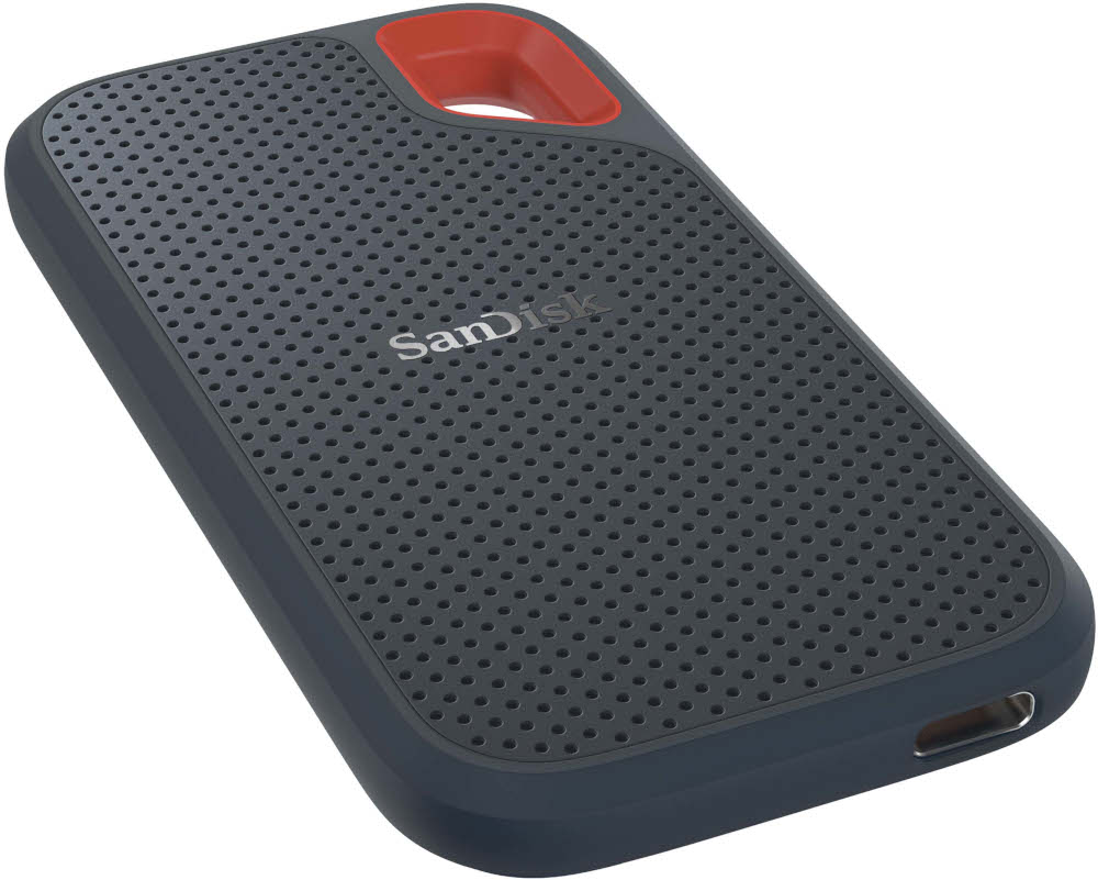 Disque dur externe noir et gris avec boucle rouge, logo Sandisk.