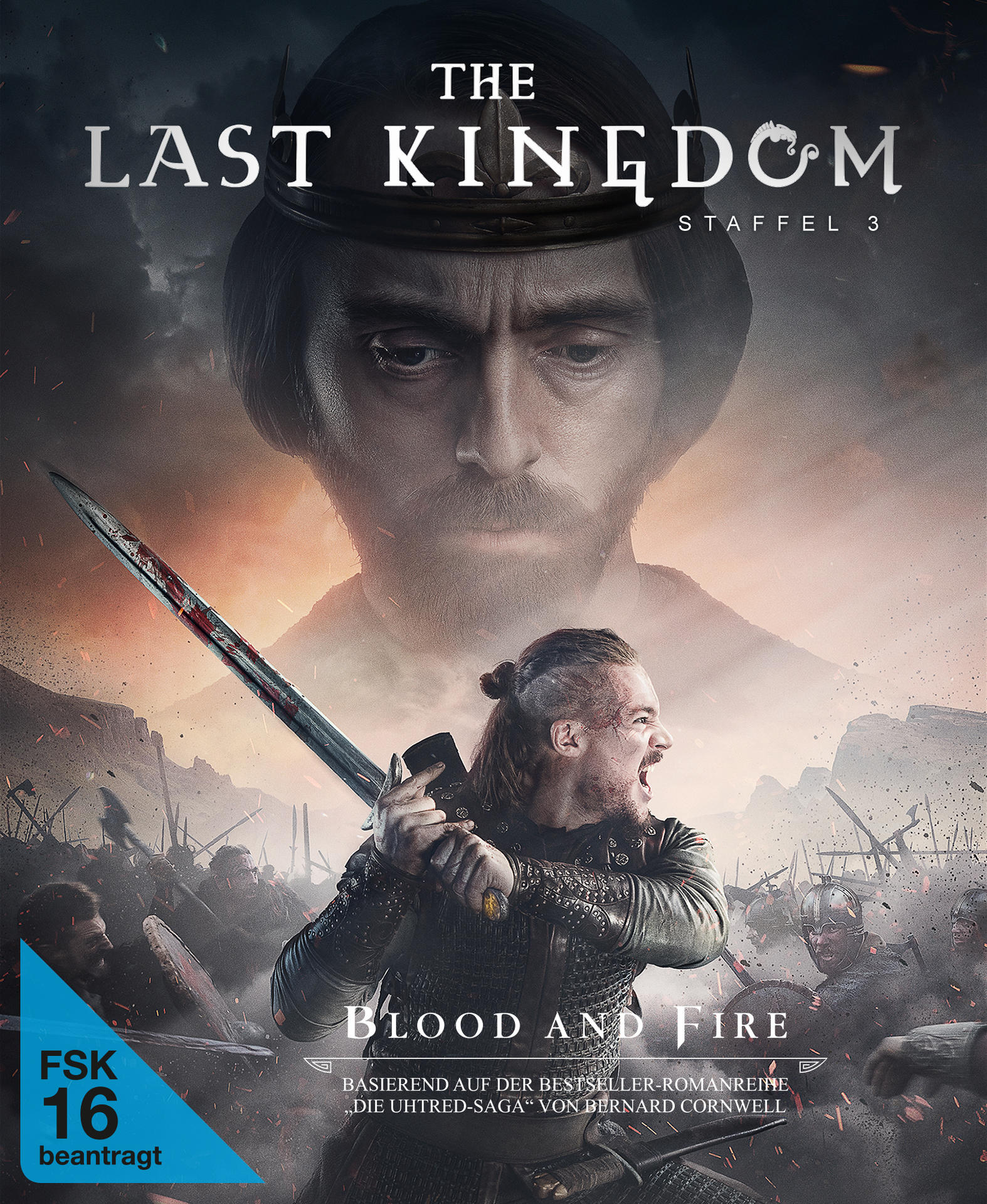 DVD-Cover von 'The Last Kingdom' mit einem Mann mit Schwert und einer Kampfszene im Hintergrund.