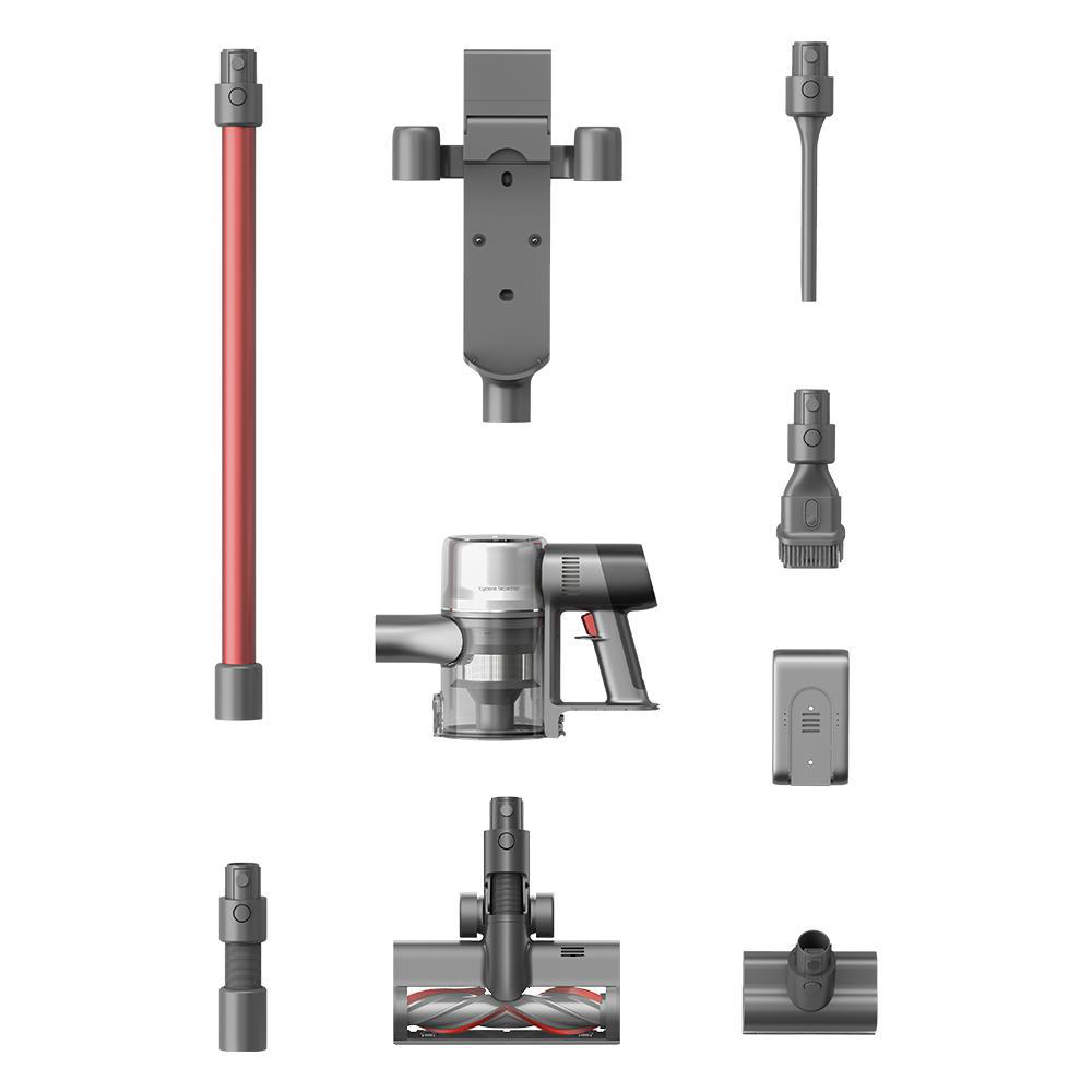 Aufsätze für Staubsauger sind auf einer weißen Oberfläche ausgelegt. Sie umfassen einen Griff, Bürstenköpfe und eine Batterie.