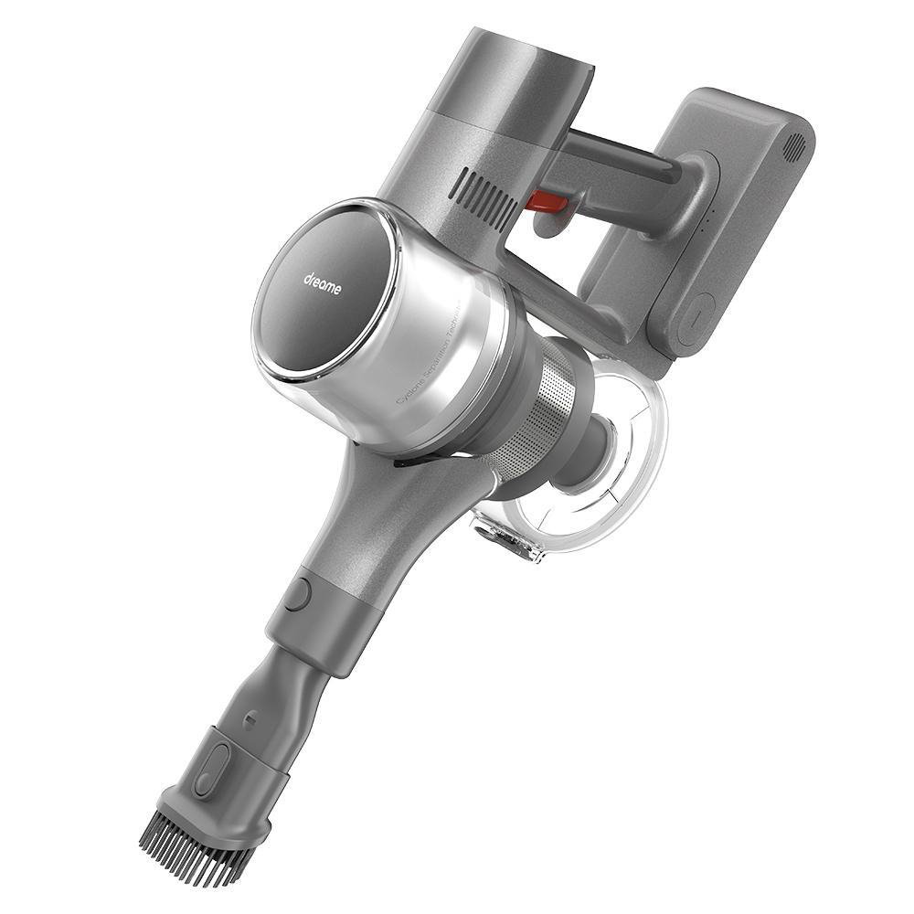 Grauer und silberner kabelloser Staubsauger auf weißem Hintergrund. Dreame.