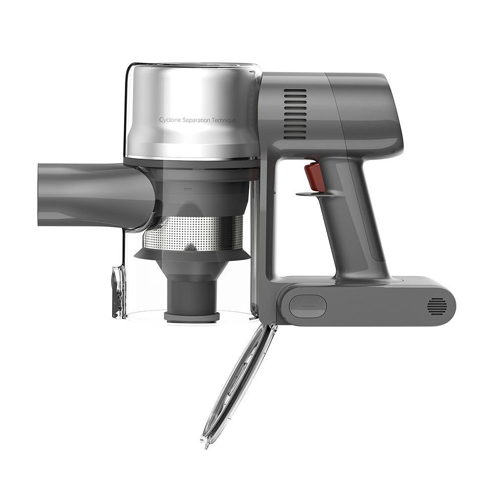 Grauer Akku-Staubsauger mit Griff und transparentem Staubbehälter, weißer Hintergrund.