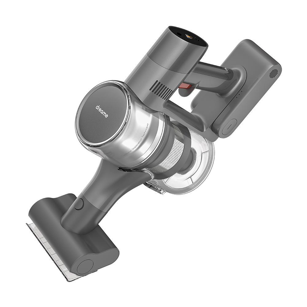 Grauer kabelloser Staubsauger, schräge Ansicht, verschiedene Komponenten.